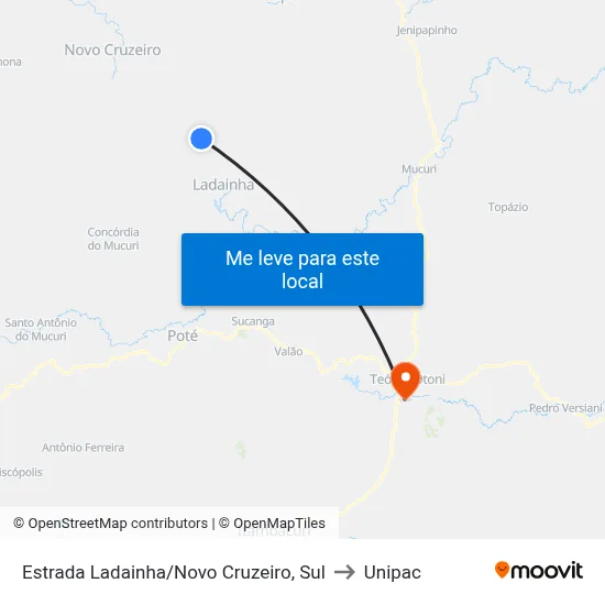 Estrada Ladainha/Novo Cruzeiro, Sul to Unipac map