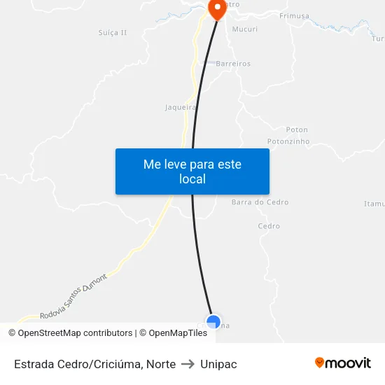 Estrada Cedro/Criciúma, Norte to Unipac map