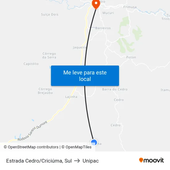 Estrada Cedro/Criciúma, Sul to Unipac map