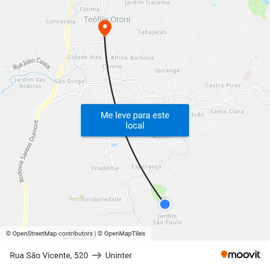 Rua São Vicente, 520 to Uninter map