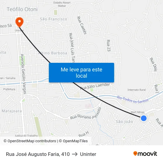 Rua José Augusto Faria, 410 to Uninter map