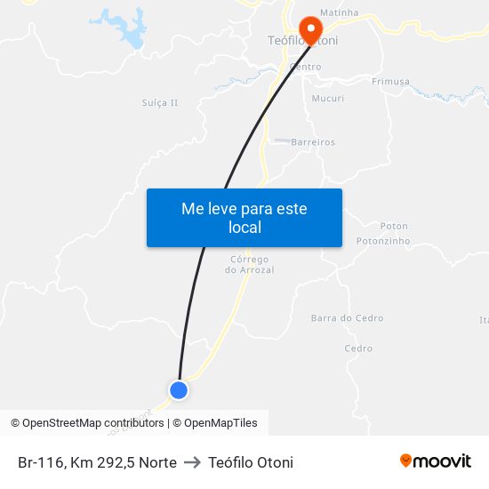 Br-116, Km 292,5 Norte to Teófilo Otoni map