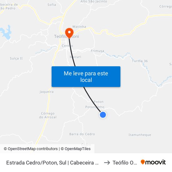 Estrada Cedro/Poton, Sul | Cabeceira Do Jabuti to Teófilo Otoni map