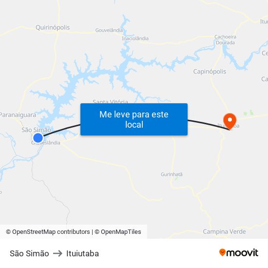 São Simão to Ituiutaba map