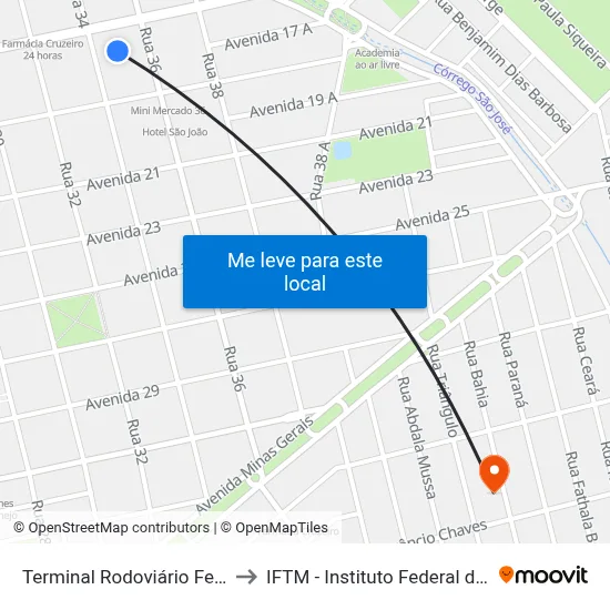 Terminal Rodoviário Fernando Alexandre to IFTM - Instituto Federal do Triângulo Mineiro map