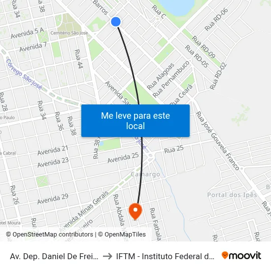 Av. Dep. Daniel De Freitas Barros, 2161 to IFTM - Instituto Federal do Triângulo Mineiro map