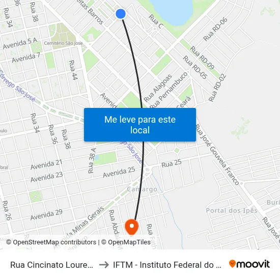 Rua Cincinato Lourenço Freire, 21 to IFTM - Instituto Federal do Triângulo Mineiro map