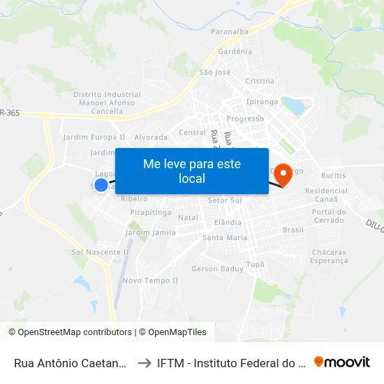 Rua Antônio Caetano Novais, 2032 to IFTM - Instituto Federal do Triângulo Mineiro map