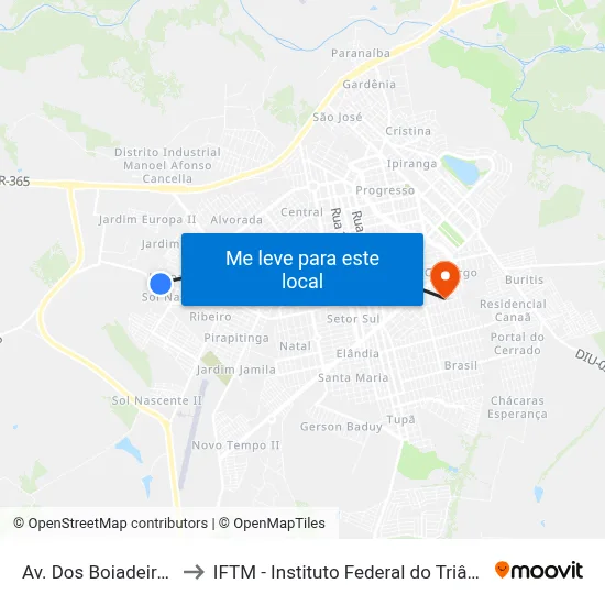 Av. Dos Boiadeiros, 2105 to IFTM - Instituto Federal do Triângulo Mineiro map