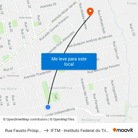 Rua Fausto Próspero, 3635 to IFTM - Instituto Federal do Triângulo Mineiro map
