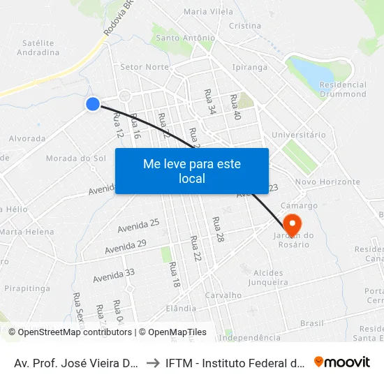 Av. Prof. José Vieira De Mendonça, 900 to IFTM - Instituto Federal do Triângulo Mineiro map