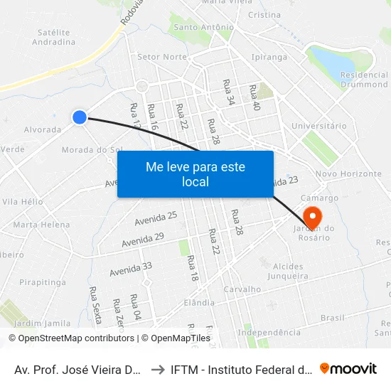 Av. Prof. José Vieira De Mendonça, 1400 to IFTM - Instituto Federal do Triângulo Mineiro map