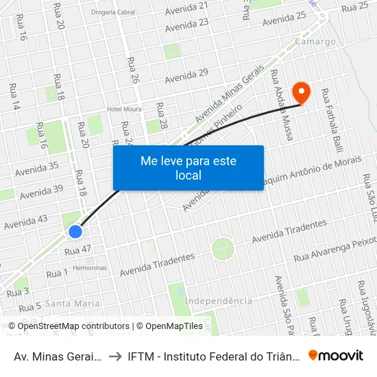Av. Minas Gerais, 2201 to IFTM - Instituto Federal do Triângulo Mineiro map