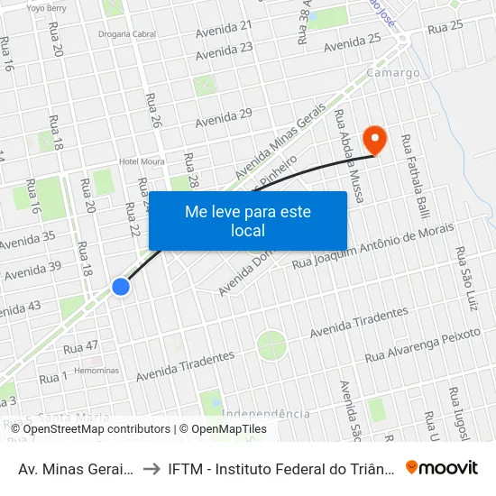 Av. Minas Gerais, 1955 to IFTM - Instituto Federal do Triângulo Mineiro map
