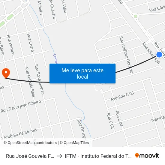 Rua José Gouveia Franco, 1100 to IFTM - Instituto Federal do Triângulo Mineiro map