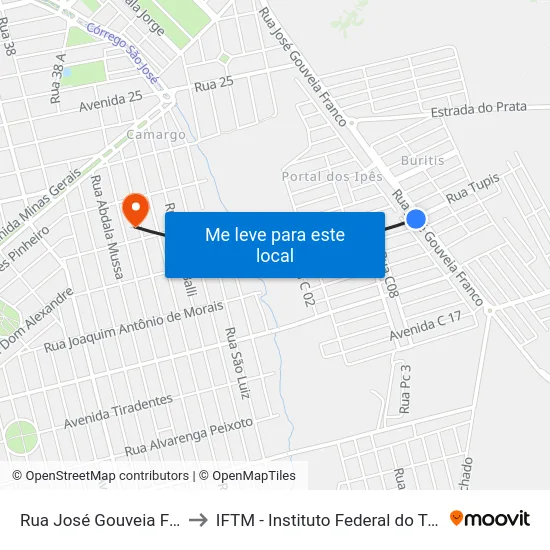 Rua José Gouveia Franco, 1300 to IFTM - Instituto Federal do Triângulo Mineiro map