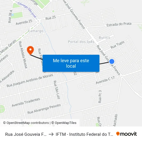 Rua José Gouveia Franco, 1515 to IFTM - Instituto Federal do Triângulo Mineiro map