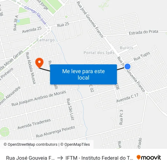 Rua José Gouveia Franco, 1315 to IFTM - Instituto Federal do Triângulo Mineiro map