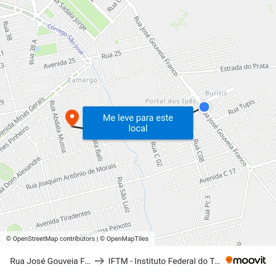 Rua José Gouveia Franco, 1105 to IFTM - Instituto Federal do Triângulo Mineiro map