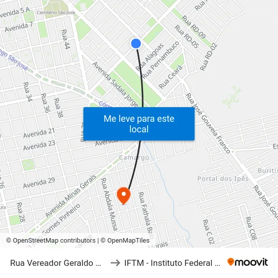 Rua Vereador Geraldo Moisés Da Silva, 284 to IFTM - Instituto Federal do Triângulo Mineiro map