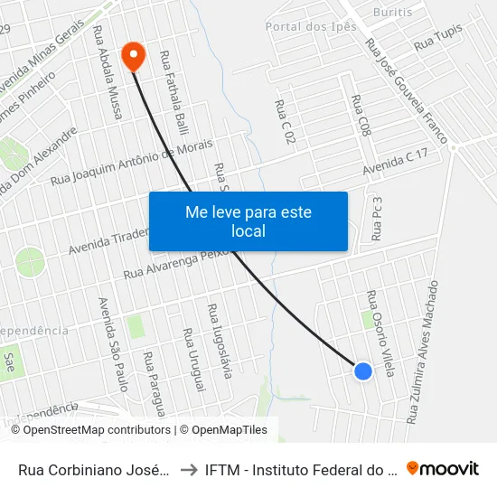 Rua Corbiniano José Do Amaral, 33 to IFTM - Instituto Federal do Triângulo Mineiro map