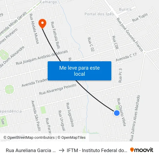 Rua Aureliana Garcia De Oliveira, 389 to IFTM - Instituto Federal do Triângulo Mineiro map
