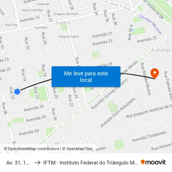 Av. 31, 1837 to IFTM - Instituto Federal do Triângulo Mineiro map