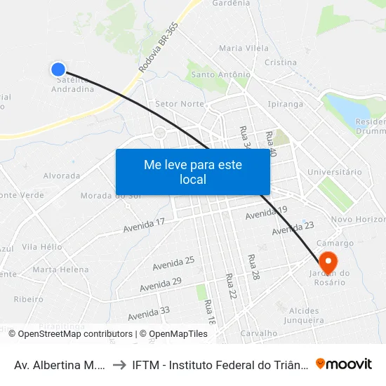 Av. Albertina M. Ribeiro to IFTM - Instituto Federal do Triângulo Mineiro map