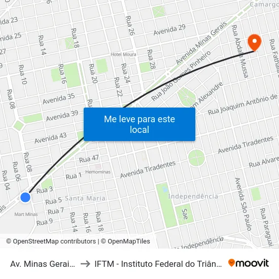 Av. Minas Gerais, 2895 to IFTM - Instituto Federal do Triângulo Mineiro map