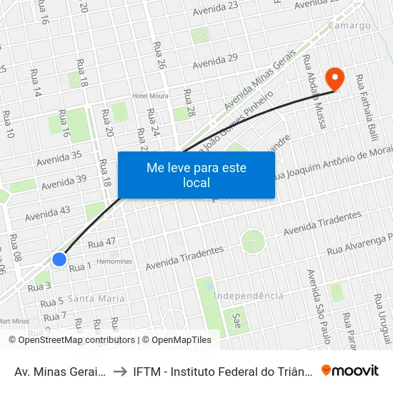 Av. Minas Gerais, 2461 to IFTM - Instituto Federal do Triângulo Mineiro map