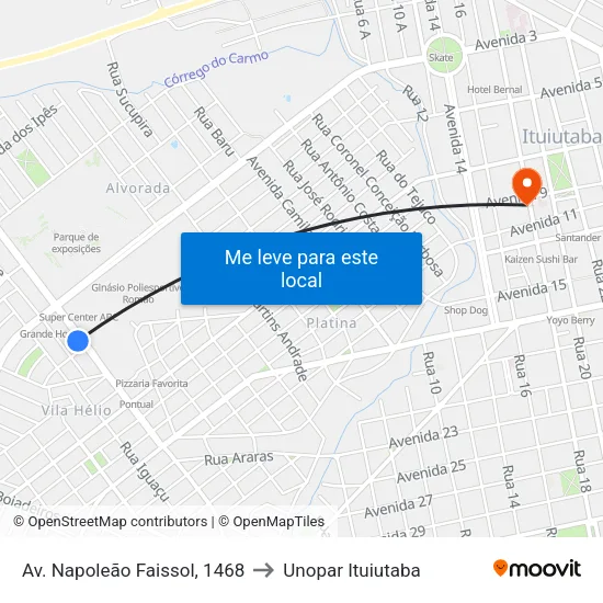 Av. Napoleão Faissol, 1468 to Unopar Ituiutaba map