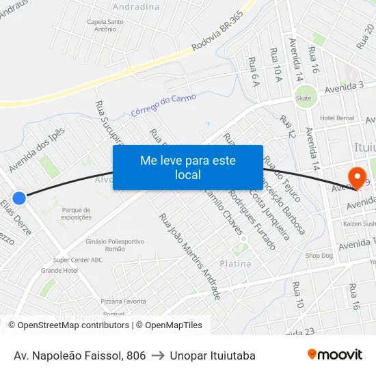 Av. Napoleão Faissol, 806 to Unopar Ituiutaba map