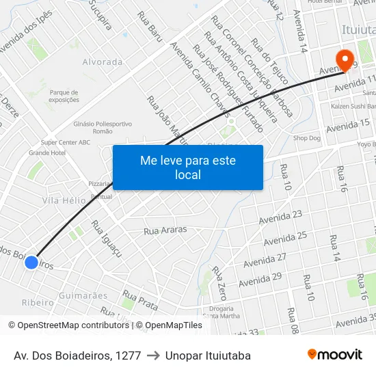 Av. Dos Boiadeiros, 1277 to Unopar Ituiutaba map