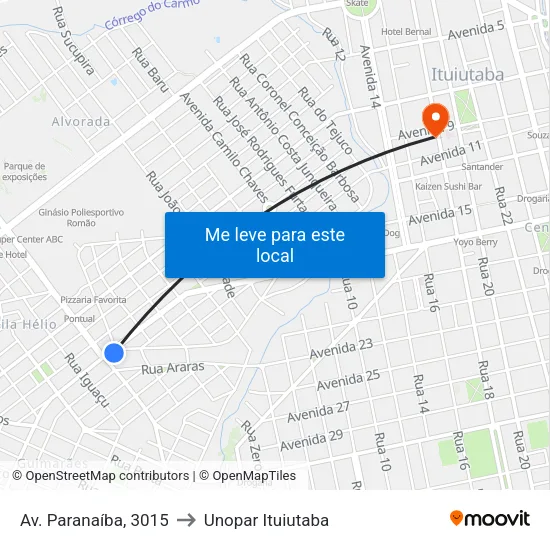 Av. Paranaíba, 3015 to Unopar Ituiutaba map