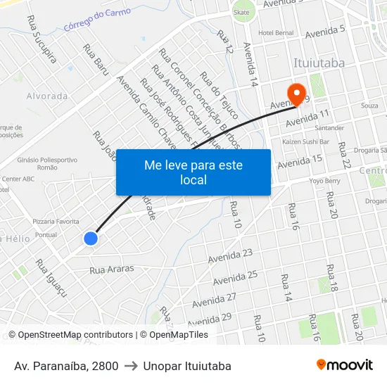 Av. Paranaíba, 2800 to Unopar Ituiutaba map
