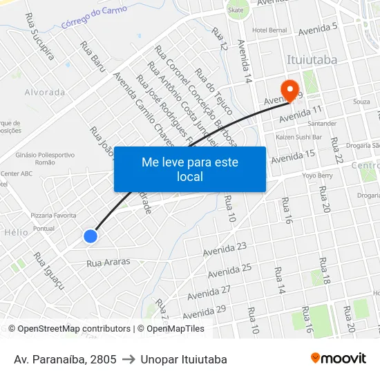 Av. Paranaíba, 2805 to Unopar Ituiutaba map