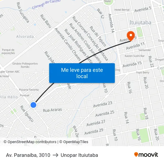 Av. Paranaíba, 3010 to Unopar Ituiutaba map