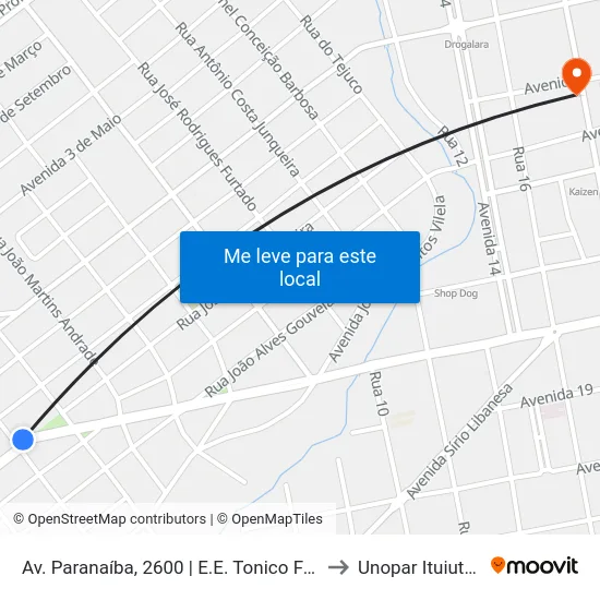 Av. Paranaíba, 2600 | E.E. Tonico Franco to Unopar Ituiutaba map