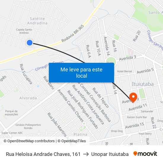 Rua Heloísa Andrade Chaves, 161 to Unopar Ituiutaba map