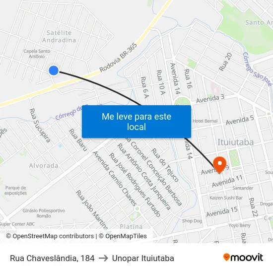 Rua Chaveslândia, 184 to Unopar Ituiutaba map