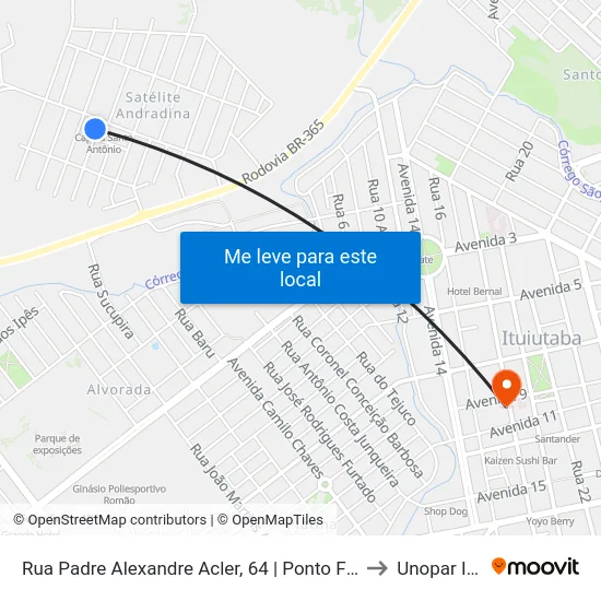 Rua Padre Alexandre Acler, 64 | Ponto Final Do Satélite Andradina to Unopar Ituiutaba map