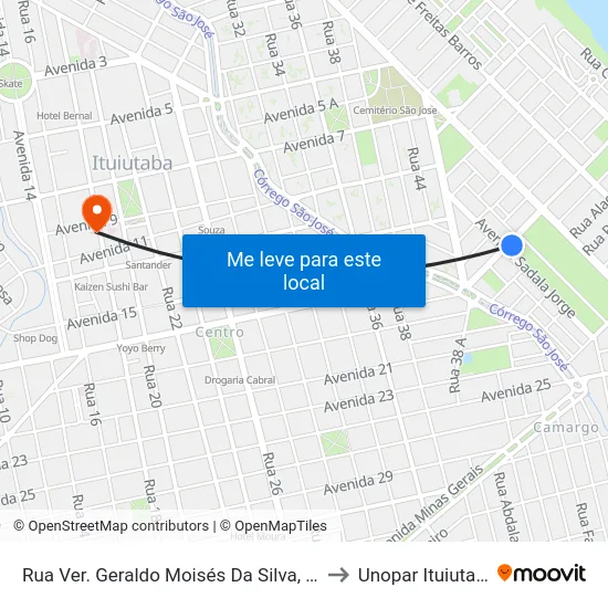 Rua Ver. Geraldo Moisés Da Silva, 631 to Unopar Ituiutaba map