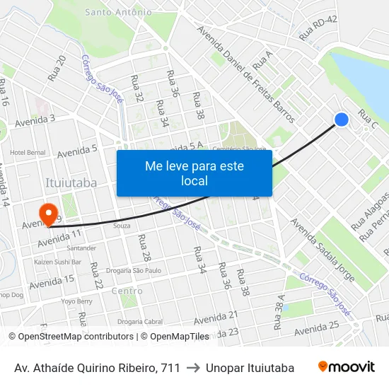 Av. Athaíde Quirino Ribeiro, 711 to Unopar Ituiutaba map