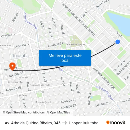 Av. Athaíde Quirino Ribeiro, 945 to Unopar Ituiutaba map