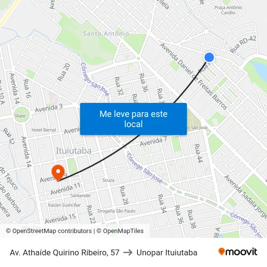 Av. Athaíde Quirino Ribeiro, 57 to Unopar Ituiutaba map