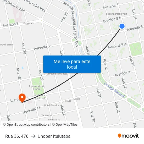 Rua 36, 476 to Unopar Ituiutaba map
