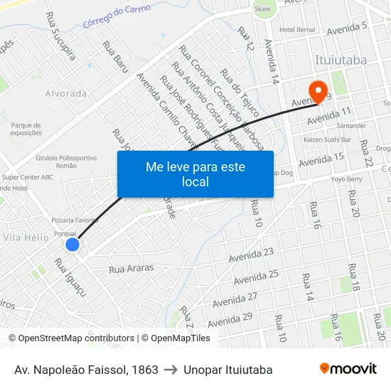 Av. Napoleão Faissol, 1863 to Unopar Ituiutaba map