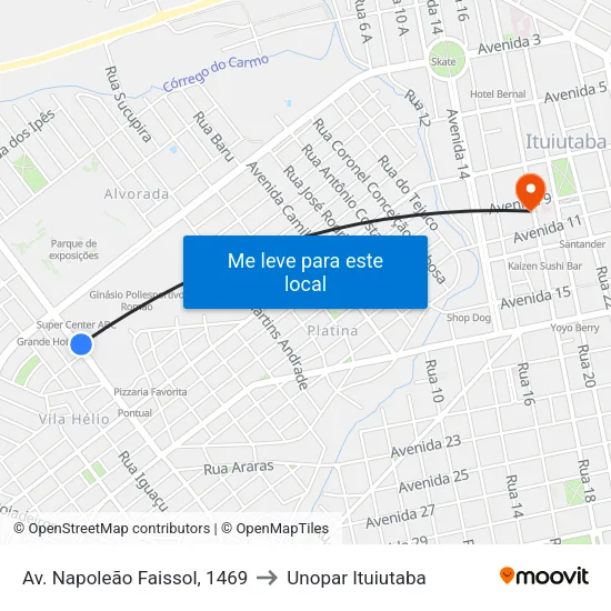 Av. Napoleão Faissol, 1469 to Unopar Ituiutaba map