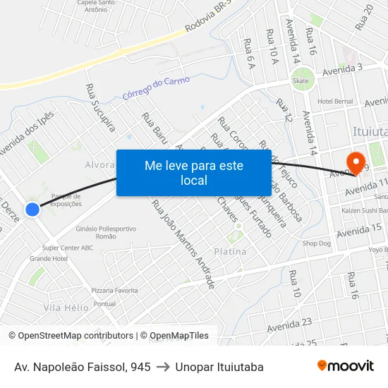Av. Napoleão Faissol, 945 to Unopar Ituiutaba map
