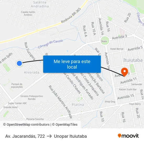 Av. Jacarandás, 722 to Unopar Ituiutaba map